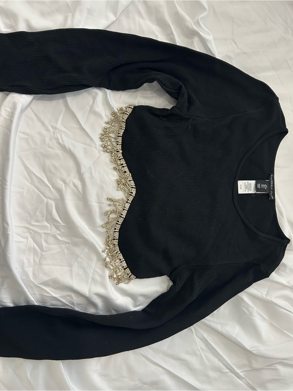 Black Long-Sleeve Crop Top with Beaded Hem